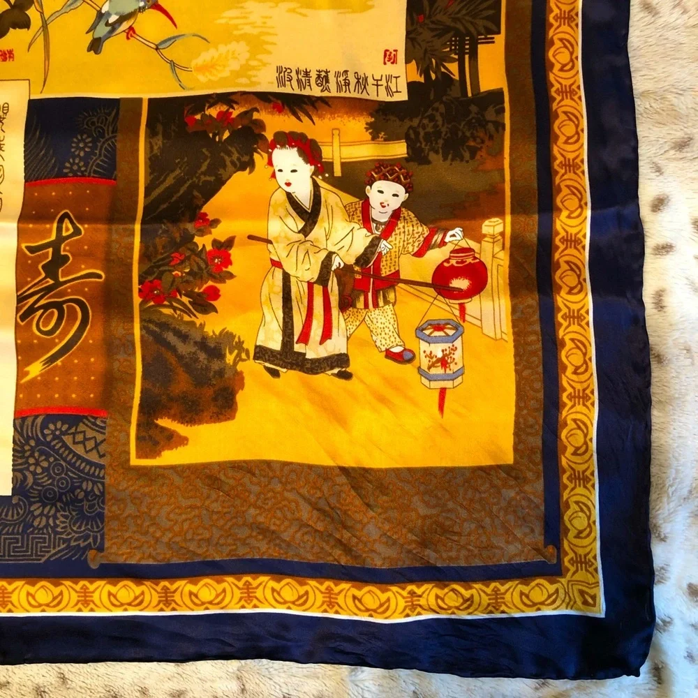 Vintage Chinese Japanese Silk Wrap Scarf Shawl - 40” Gold Blue Red Cream Brown